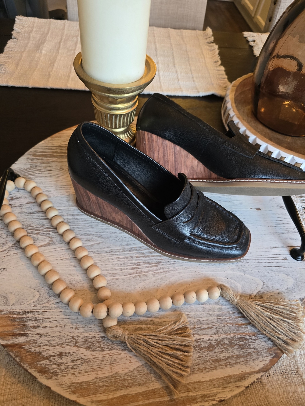 Sanctuary Black Leather Wedge Loafers with Wood-Effect Heel